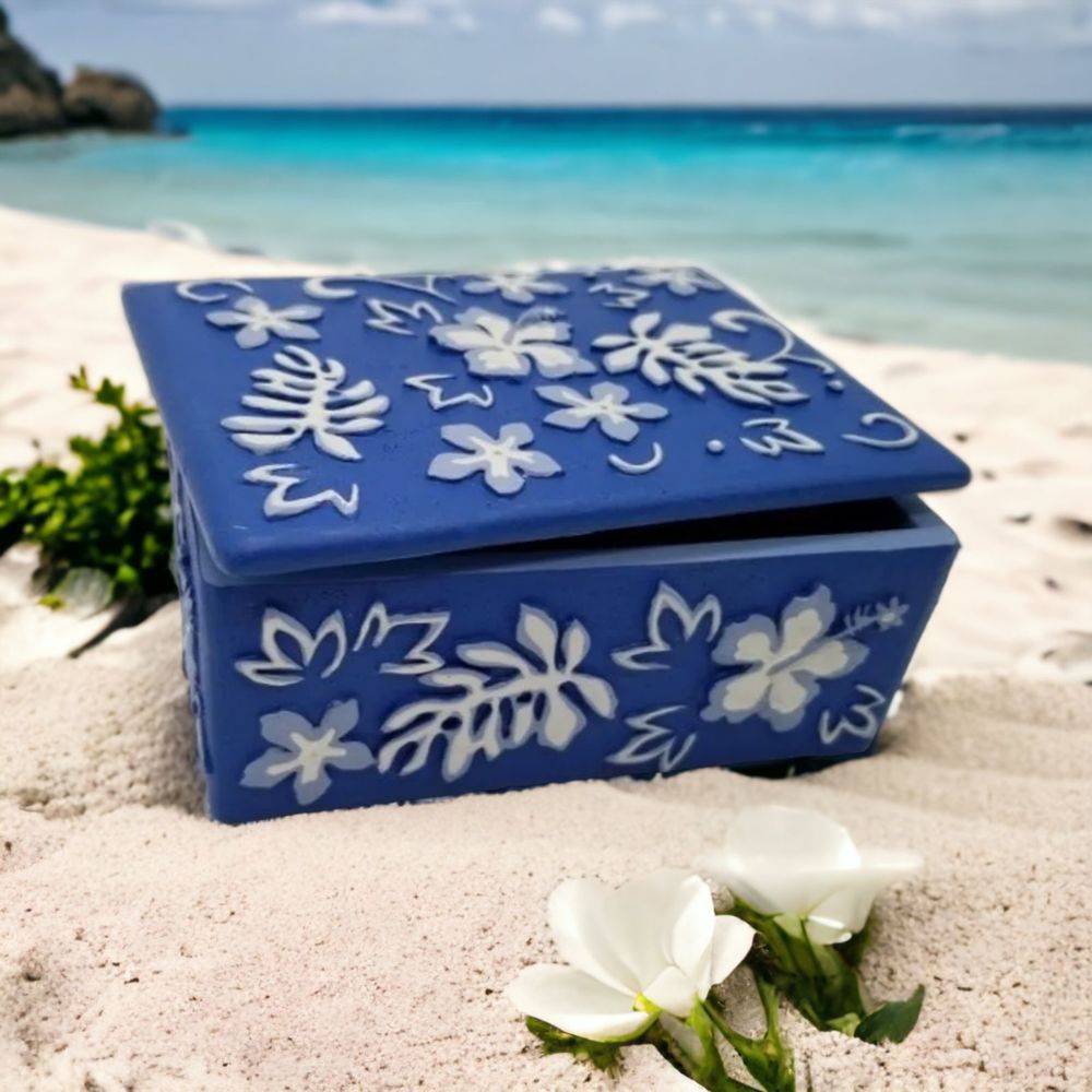 KC Company Hawaiian Blue White Floral Botanical Ceramic Trinket Box